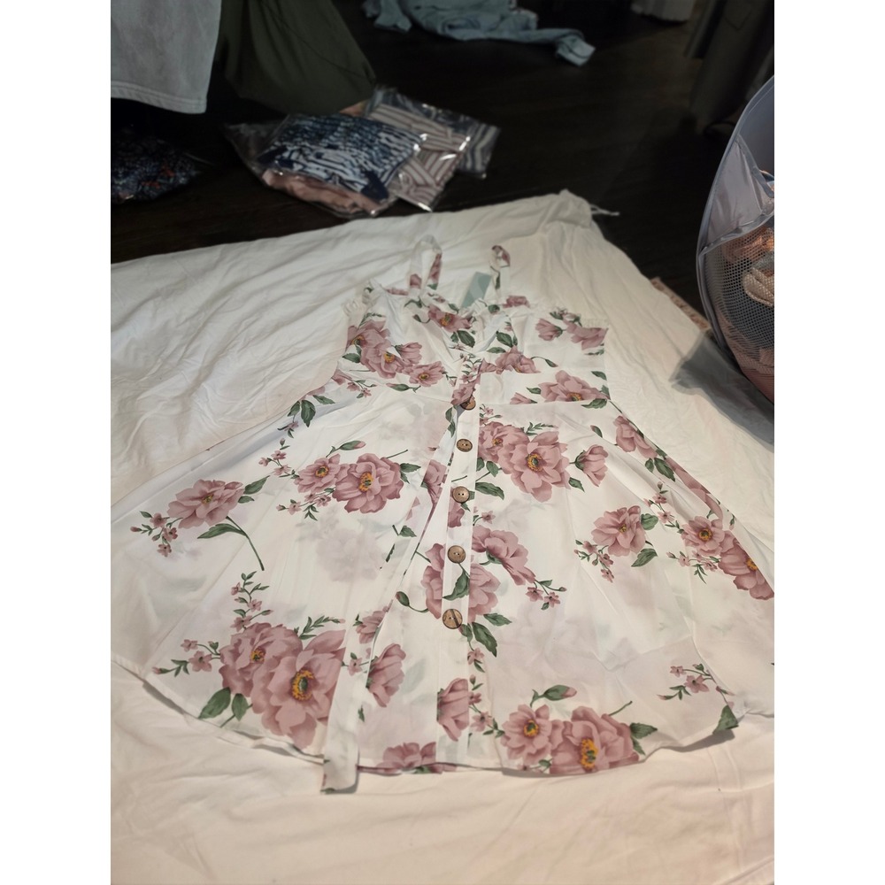 SSFO Floral Button Front Mini Dress White Pink XXL US 12 Sleeveless Sundress